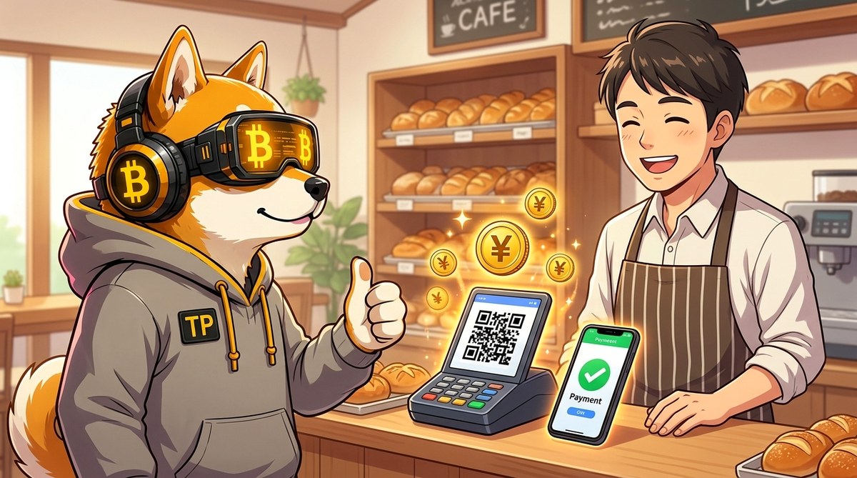 店舗でJPYCが即時・手数料無料で決済されるイメージ
