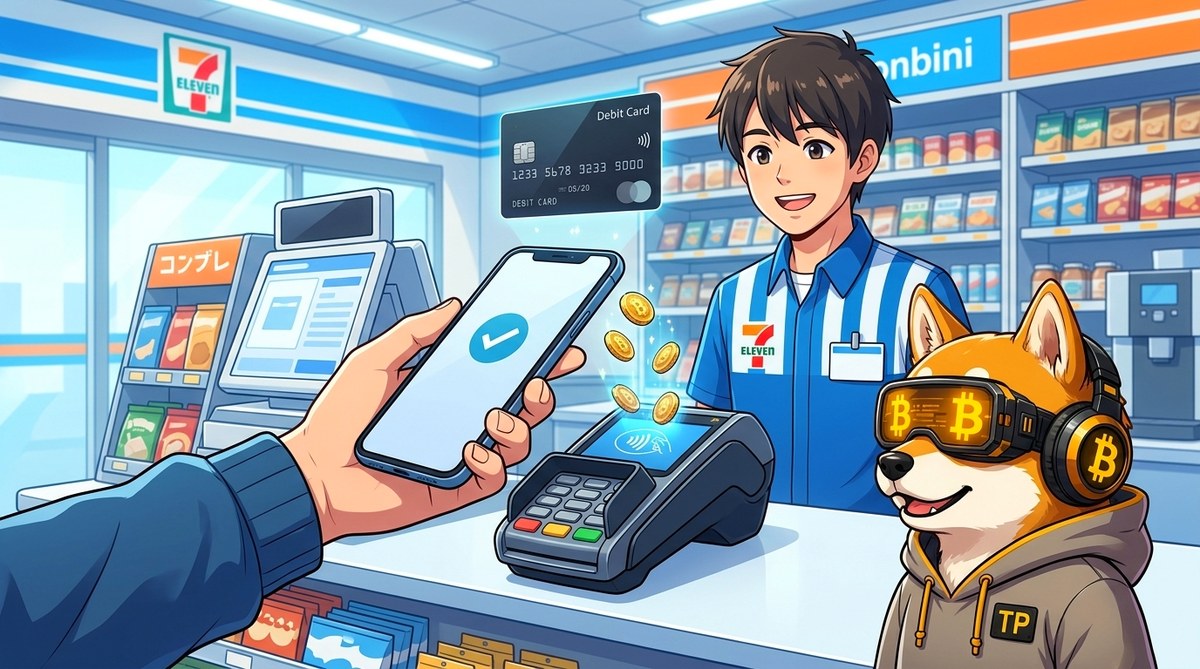 コンビニでスマホをかざして仮想通貨のカード決済をするイメージ