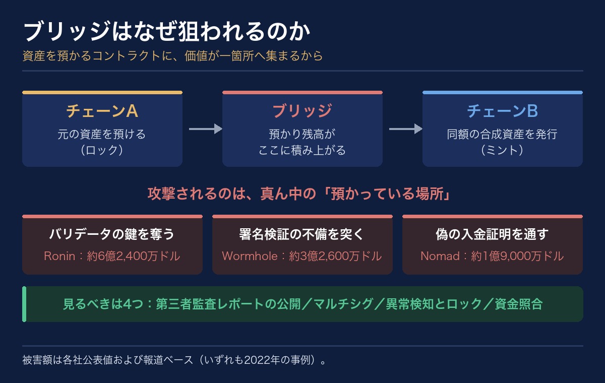 クロスチェーンブリッジが狙われる構造の図解。チェーンAで資産をロックし、ブリッジに預かり残高が積み上がり、チェーンBで同額の合成資産をミントする流れを示す。攻撃されるのは中央のブリッジで、Ronin・Wormhole・Nomadの手口と被害額を並べている