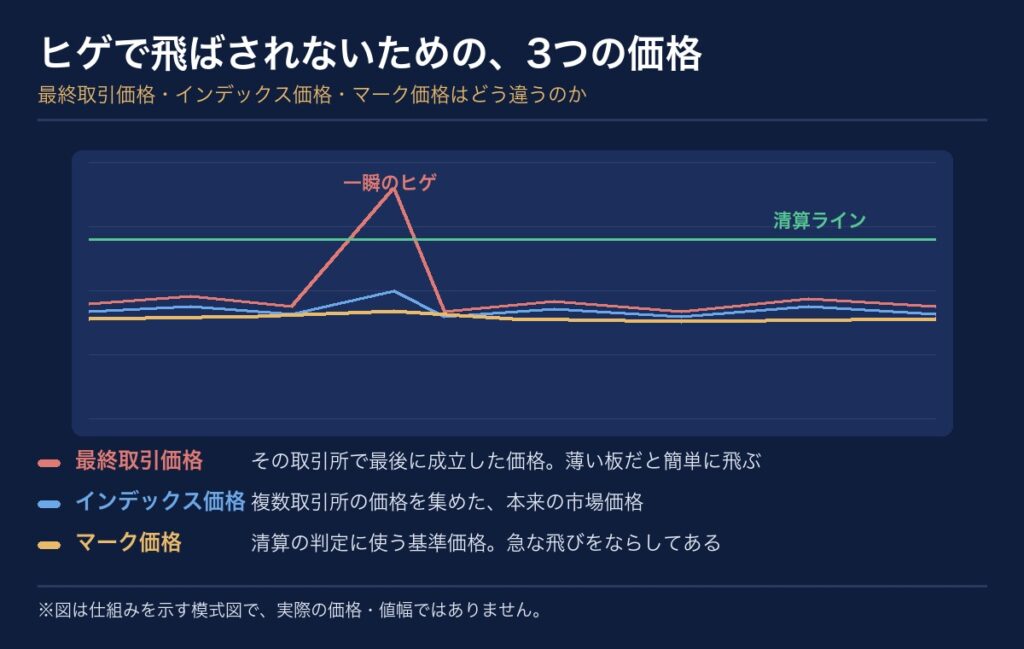 3つの価格の違いを示す模式図。最終取引価格は一瞬のヒゲで清算ラインを超えるが、複数取引所から算出するインデックス価格と、それをならしたマーク価格は飛ばないため、不当な清算が防がれる