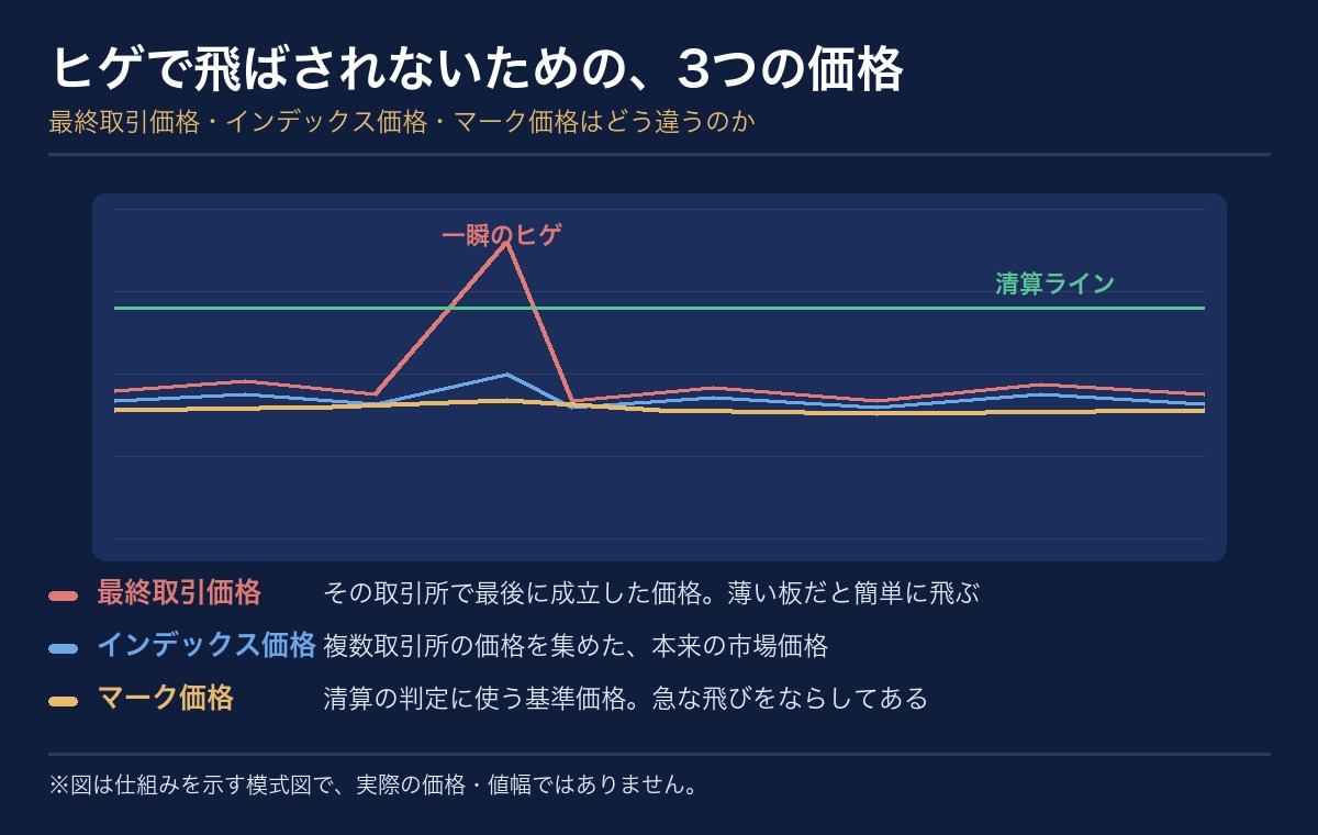 3つの価格の違いを示す模式図。最終取引価格は一瞬のヒゲで清算ラインを超えるが、複数取引所から算出するインデックス価格と、それをならしたマーク価格は飛ばないため、不当な清算が防がれる