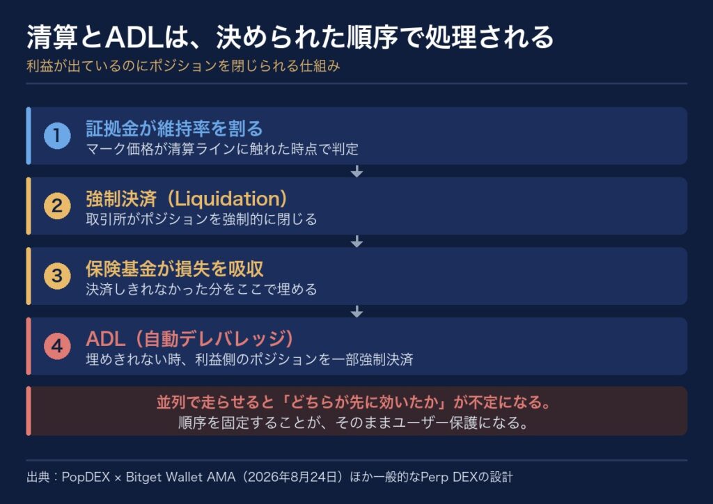 清算とADLが処理される順序の図解。証拠金が維持率を割ると強制決済、保険基金が損失を吸収し、埋めきれない場合にADLが利益側のポジションを一部強制決済する