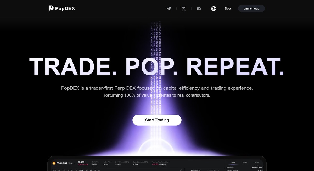 PopDEX公式サイトのトップページ。トレーダーファーストのPerp DEXであることと100% Value Returnが掲げられている