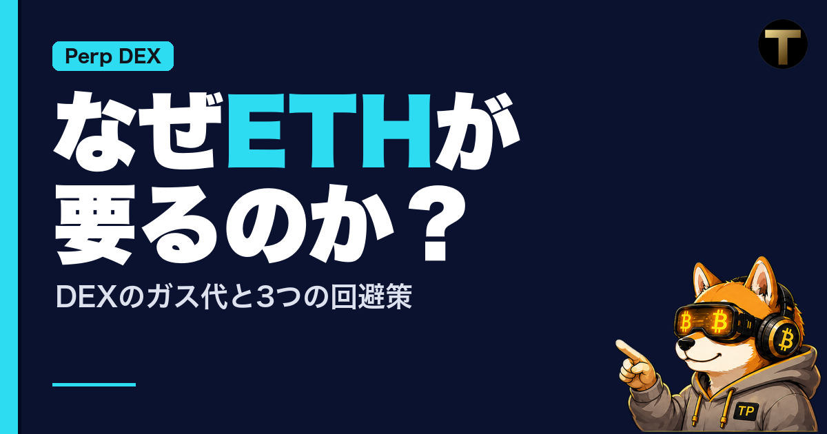 DEXのガス代を解説する記事のアイキャッチ。「なぜETHが要るのか？」「DEXのガス代と3つの回避策」の文字と、小さく指さす柴犬のクリプトネオ