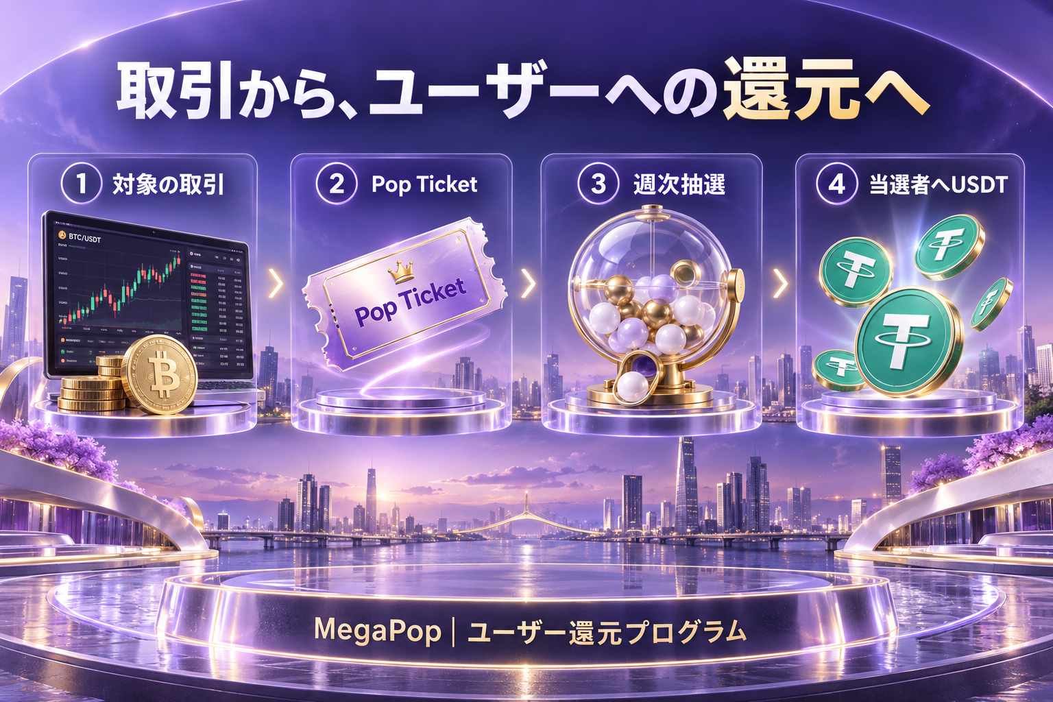 MegaPop：対象取引からPop Ticket、週次抽選、当選者へのUSDT賞金へつながる流れ