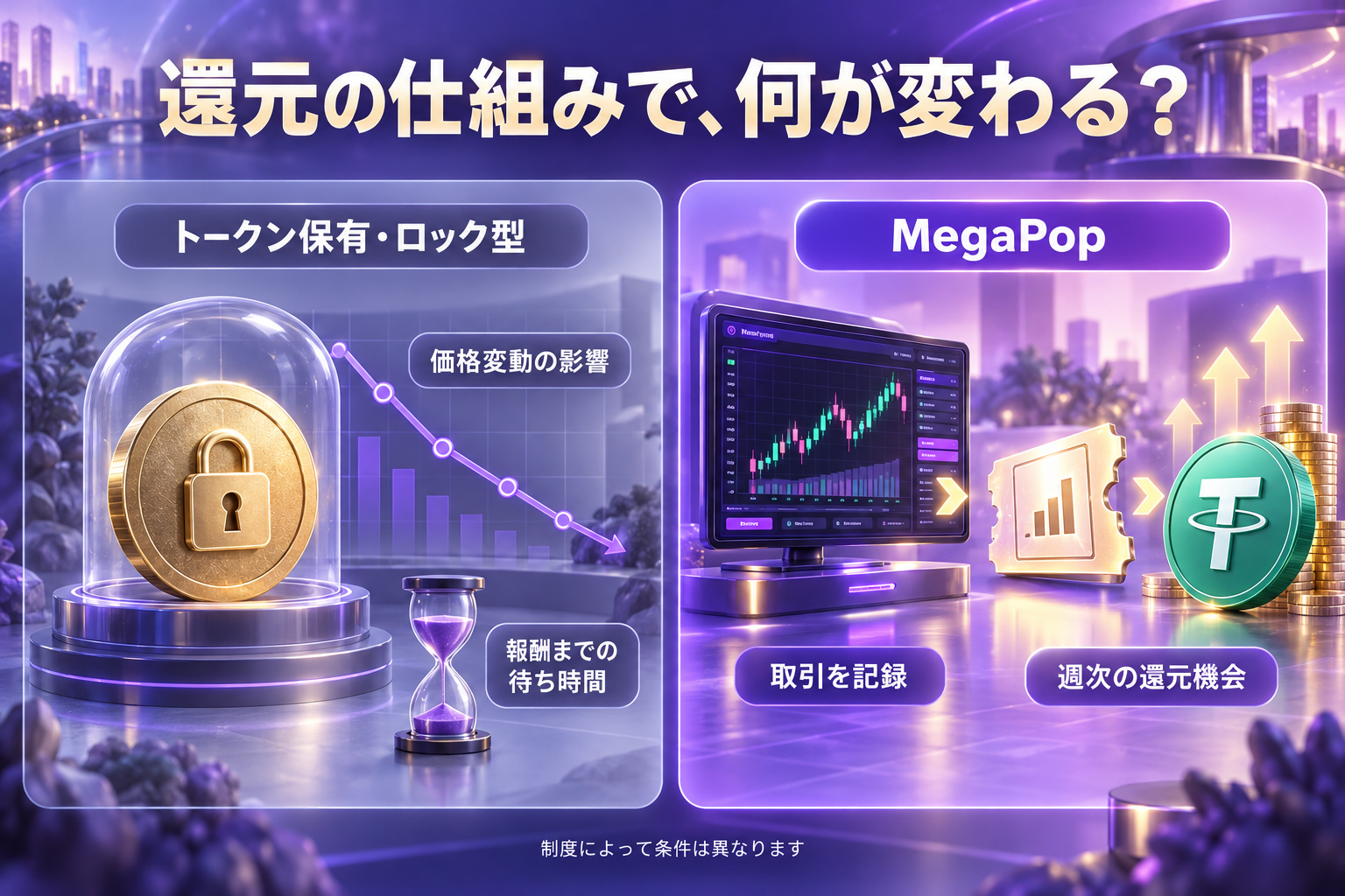 トークン保有・ロック型の価格変動リスクとMegaPopの週次還元機会を比較する概念図