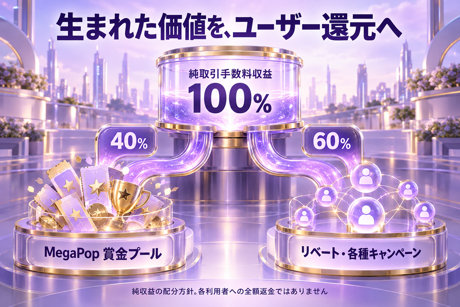 純取引手数料収益の100%を、40%のMegaPop賞金プールと60%のリベート・キャンペーンへ配分する方針