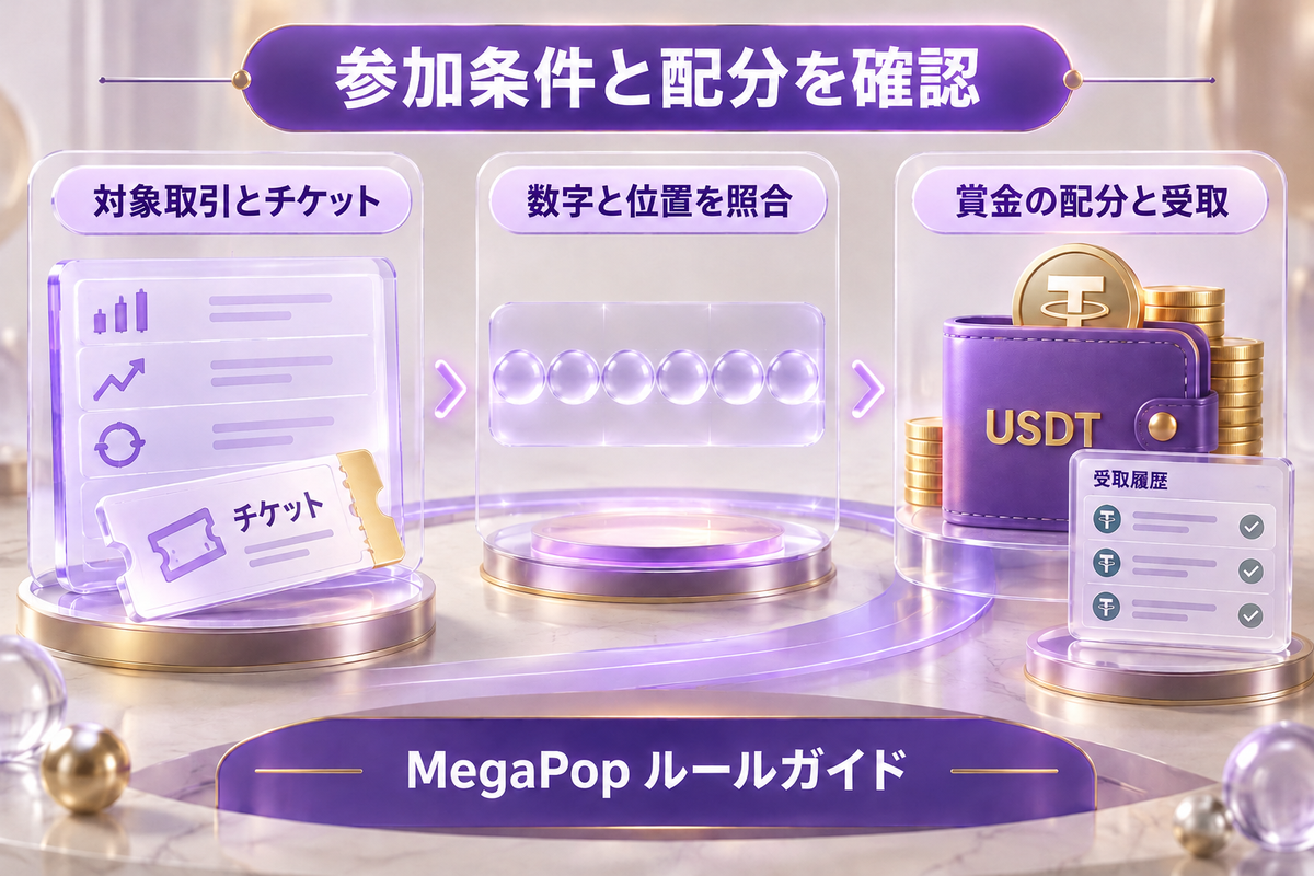 対象取引とチケット、数字と位置の照合、賞金の配分と受取を確認するMegaPopルールのまとめイメージ