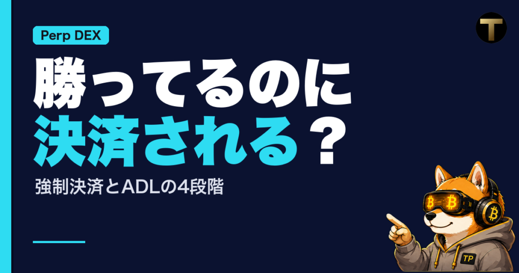 強制決済とADLを解説する記事のアイキャッチ。「勝ってるのに決済される？」「強制決済とADLの4段階」の文字と、小さく指さす柴犬のクリプトネオ