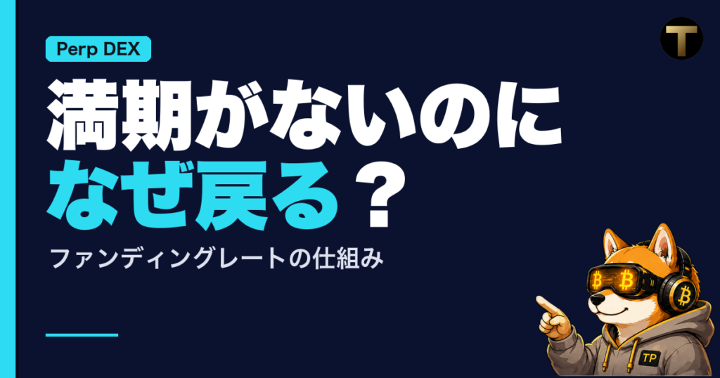 パーペチュアルとファンディングレートを解説する記事のアイキャッチ。「満期がないのになぜ戻る？」「ファンディングレートの仕組み」の文字と、小さく指さす柴犬のクリプトネオ