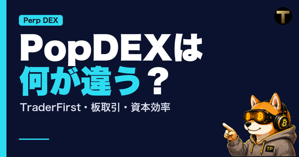 PopDEXとは何かを解説する記事のアイキャッチ。「PopDEXは何が違う？」「TraderFirst・板取引・資本効率」の文字と、小さく指さす柴犬のクリプトネオ