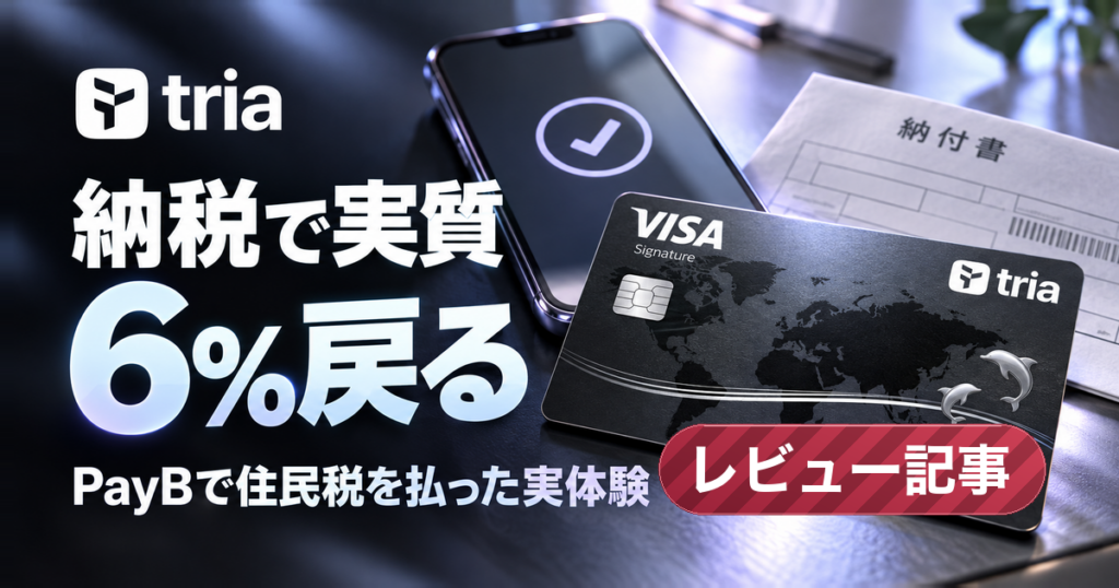 納税で実質6%戻る。PayBで住民税を払った実体験。 右下に「レビュー記事」のラベル。